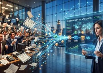 Contraste de piso de operaciones tradicional y una analista digital moderna con tokens.