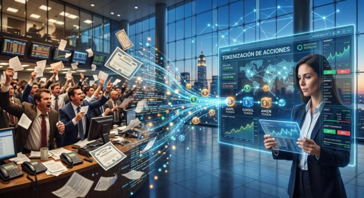 Contraste de piso de operaciones tradicional y una analista digital moderna con tokens.