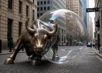 Toro de Wall Street parcialmente envuelto por una gran burbuja translúcida.
