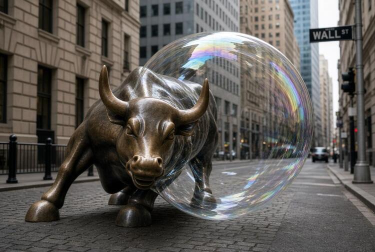 Toro de Wall Street parcialmente envuelto por una gran burbuja translúcida.