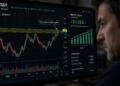 Operador observa una pantalla con gráficos de precios de XRP y flujos de ETF de cripto.
