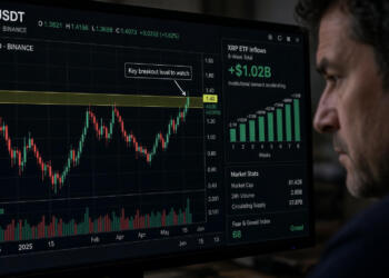 Operador observa una pantalla con gráficos de precios de XRP y flujos de ETF de cripto.