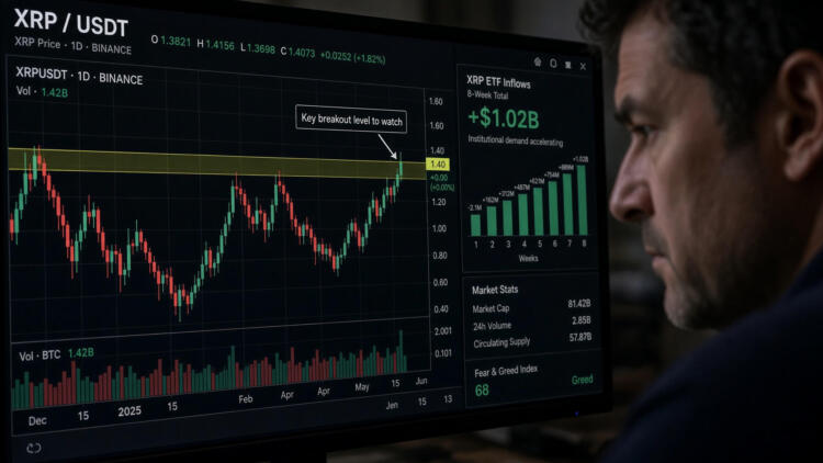 Operador observa una pantalla con gráficos de precios de XRP y flujos de ETF de cripto.