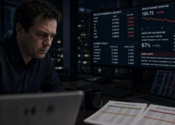 Un operador financiero revisa pantallas con datos de USD/JPY y hojas de cálculo.