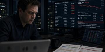 Un operador financiero revisa pantallas con datos de USD/JPY y hojas de cálculo.