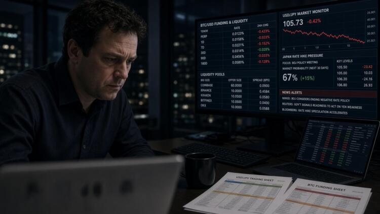 Un operador financiero revisa pantallas con datos de USD/JPY y hojas de cálculo.