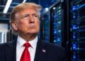 Trump aparece frente a servidores de inteligencia artificial.