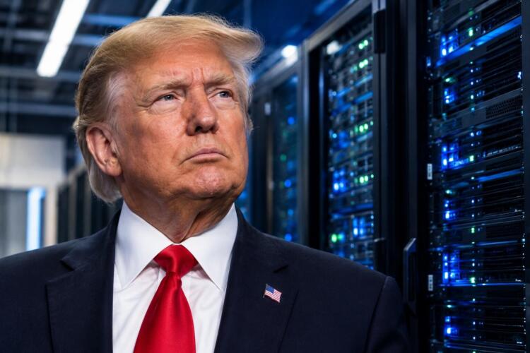 Trump aparece frente a servidores de inteligencia artificial.