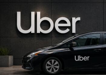 Vehículo de Uber frente a su logotipo en un entorno urbano moderno.