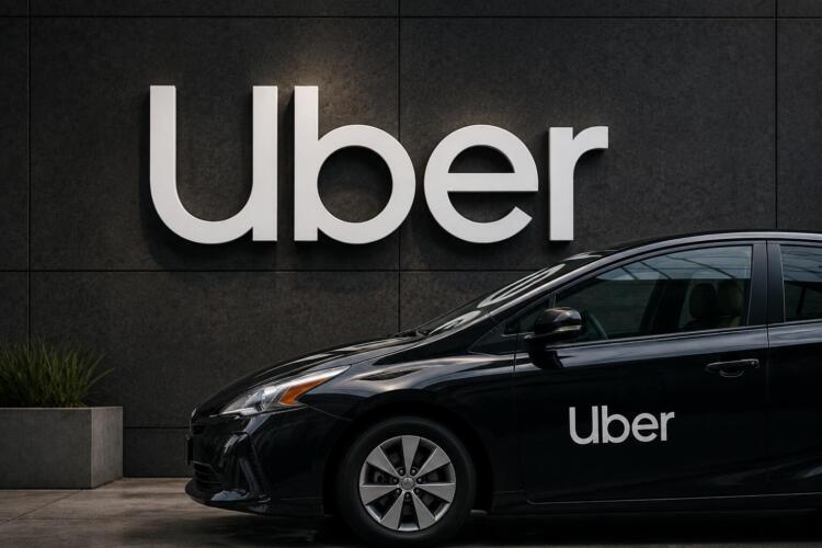 Vehículo de Uber frente a su logotipo en un entorno urbano moderno.