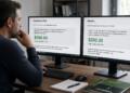 Persona frente a pantallas comparando proyecciones de precios de acciones de Nvidia.