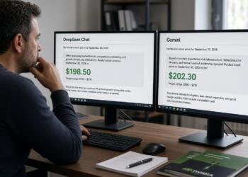 Persona frente a pantallas comparando proyecciones de precios de acciones de Nvidia.