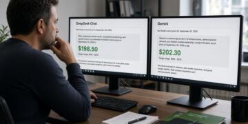 Persona frente a pantallas comparando proyecciones de precios de acciones de Nvidia.