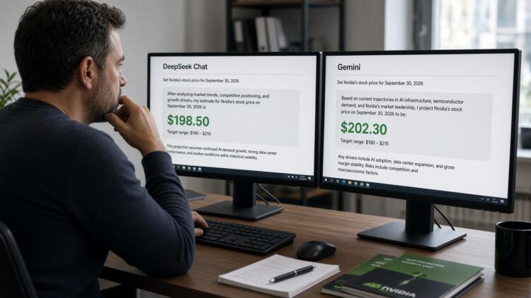 Persona frente a pantallas comparando proyecciones de precios de acciones de Nvidia.