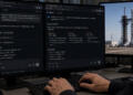 Persona utiliza un teclado frente a pantallas que muestran consultas sobre SpaceX en IA.