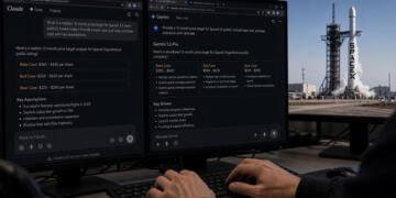 Persona utiliza un teclado frente a pantallas que muestran consultas sobre SpaceX en IA.