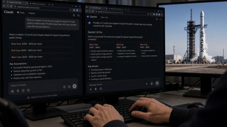 Persona utiliza un teclado frente a pantallas que muestran consultas sobre SpaceX en IA.