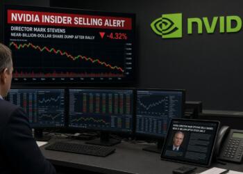 Operador observa pantallas con alertas sobre la venta de acciones de Nvidia por un director.