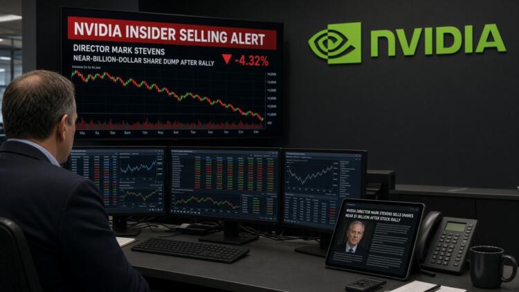 Operador observa pantallas con alertas sobre la venta de acciones de Nvidia por un director.