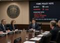 Miembros de la Reserva Federal en una reunión ven pantalla con votos de política del FOMC.