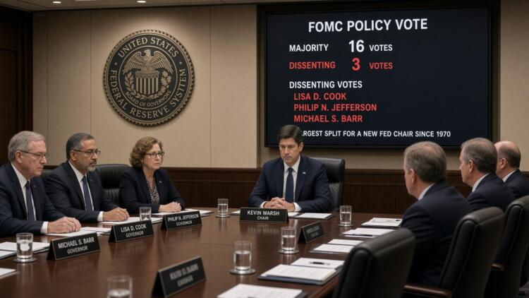 Miembros de la Reserva Federal en una reunión ven pantalla con votos de política del FOMC.