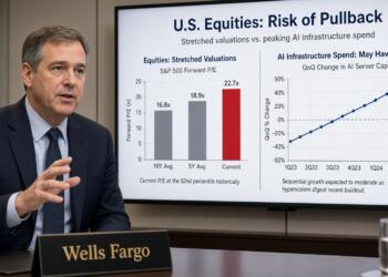 Presentador de Wells Fargo muestra gráficos sobre valoraciones de acciones y gasto en IA.