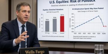 Presentador de Wells Fargo muestra gráficos sobre valoraciones de acciones y gasto en IA.