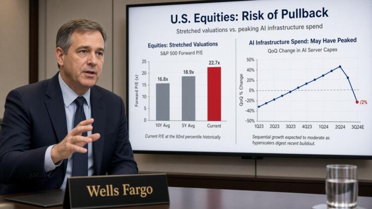 Presentador de Wells Fargo muestra gráficos sobre valoraciones de acciones y gasto en IA.