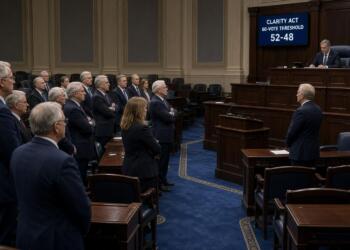 Pantalla en el Congreso muestra el resultado de 52 a 48 en la votación de la CLARITY Act.