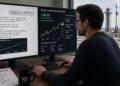 Analista revisa proyecciones de precio de SpaceX y métricas en doble pantalla.