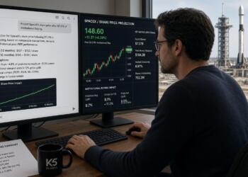 Analista revisa proyecciones de precio de SpaceX y métricas en doble pantalla.