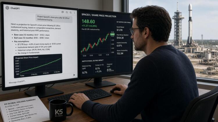 Analista revisa proyecciones de precio de SpaceX y métricas en doble pantalla.