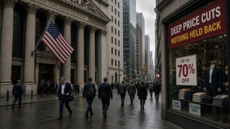 Personas en traje caminan por la calle frente a la Bolsa de Nueva York y una tienda.