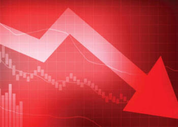 Vector : Decreasing graph and arrow on red background