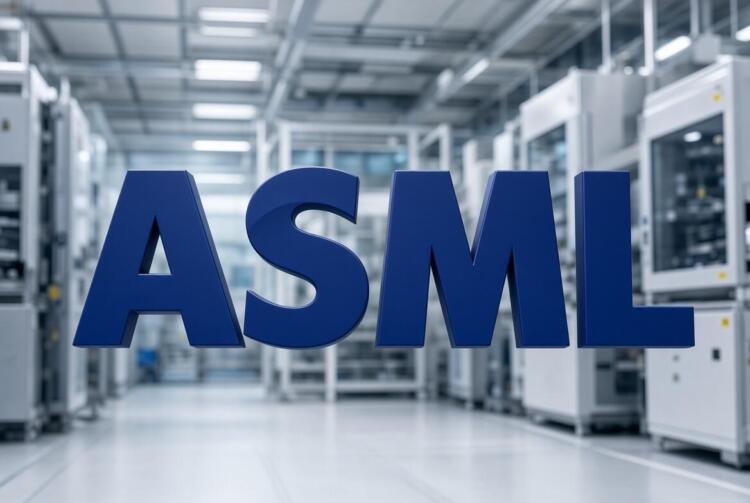 Logo de ASML con volumen frente a sala limpia de semiconductores.