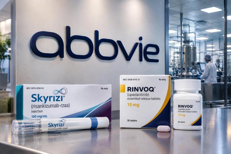 Logotipo de AbbVie junto a los medicamentos Skyrizi y Rinvoq.