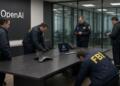 Agentes del FBI inspeccionan una sala de juntas con el logotipo de OpenAI en las oficinas.