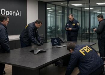 Agentes del FBI inspeccionan una sala de juntas con el logotipo de OpenAI en las oficinas.