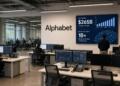 Empleados trabajan en oficinas frente a pantallas con datos financieros de Alphabet.