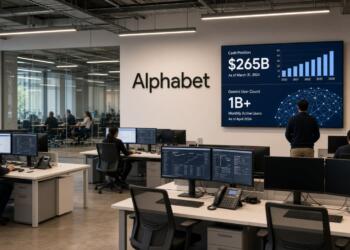 Empleados trabajan en oficinas frente a pantallas con datos financieros de Alphabet.