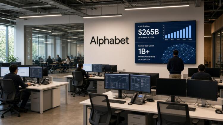 Empleados trabajan en oficinas frente a pantallas con datos financieros de Alphabet.