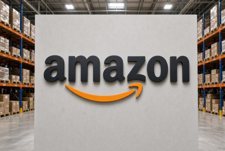 Logo de Amazon sobre muro en centro de distribución con estanterías.