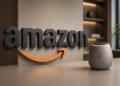 Logo de Amazon junto a dispositivo personal de IA en interior moderno.