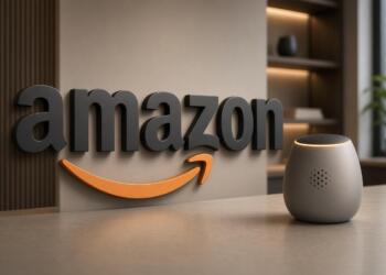 Logo de Amazon junto a dispositivo personal de IA en interior moderno.