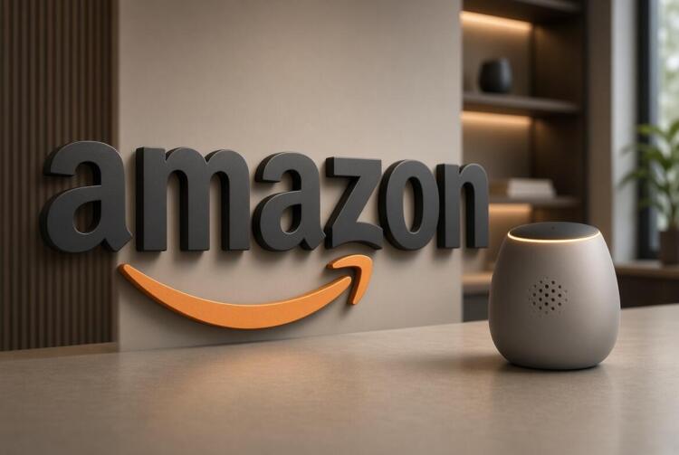 Logo de Amazon junto a dispositivo personal de IA en interior moderno.