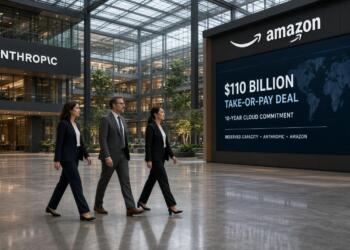 Ejecutivos caminan frente a una pantalla con detalles del acuerdo entre Amazon y Anthropic.