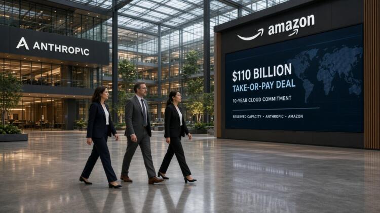 Ejecutivos caminan frente a una pantalla con detalles del acuerdo entre Amazon y Anthropic.