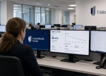 Una empleada en la oficina de UnitedHealth observa pantallas con datos de costos médicos.