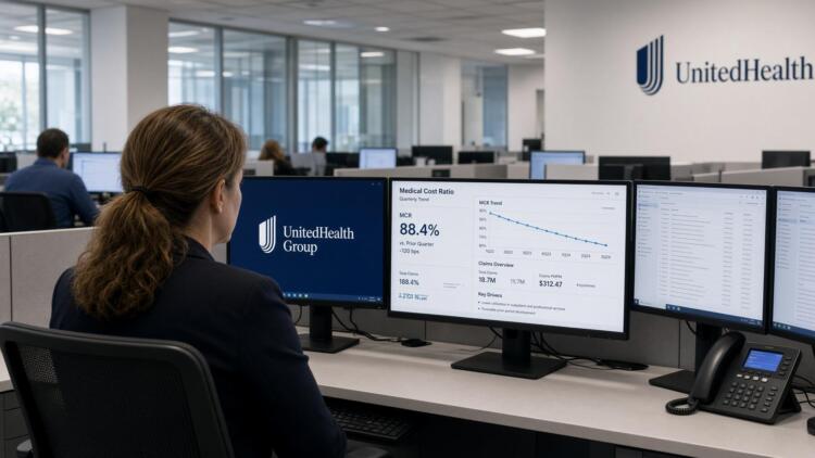 Una empleada en la oficina de UnitedHealth observa pantallas con datos de costos médicos.