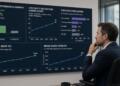 Un analista observa una pantalla con gráficos financieros y métricas del S&P 500.